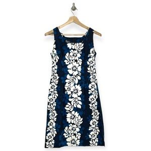 Royal Creations Hawaii Navy White Aloha Hibiscus Floral Square Sheath Medium M